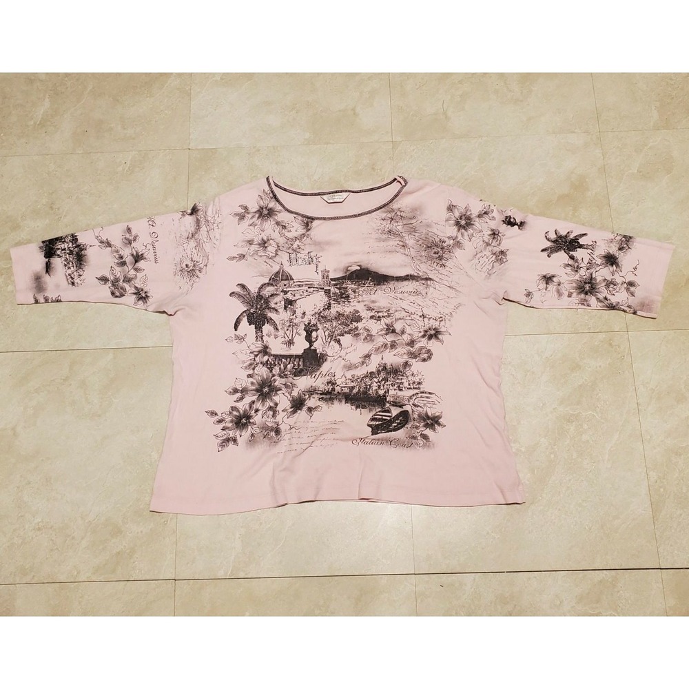 Pink Italian All Over Print Italy AOP Graphic Embroidered Shirt‎ Top Womens